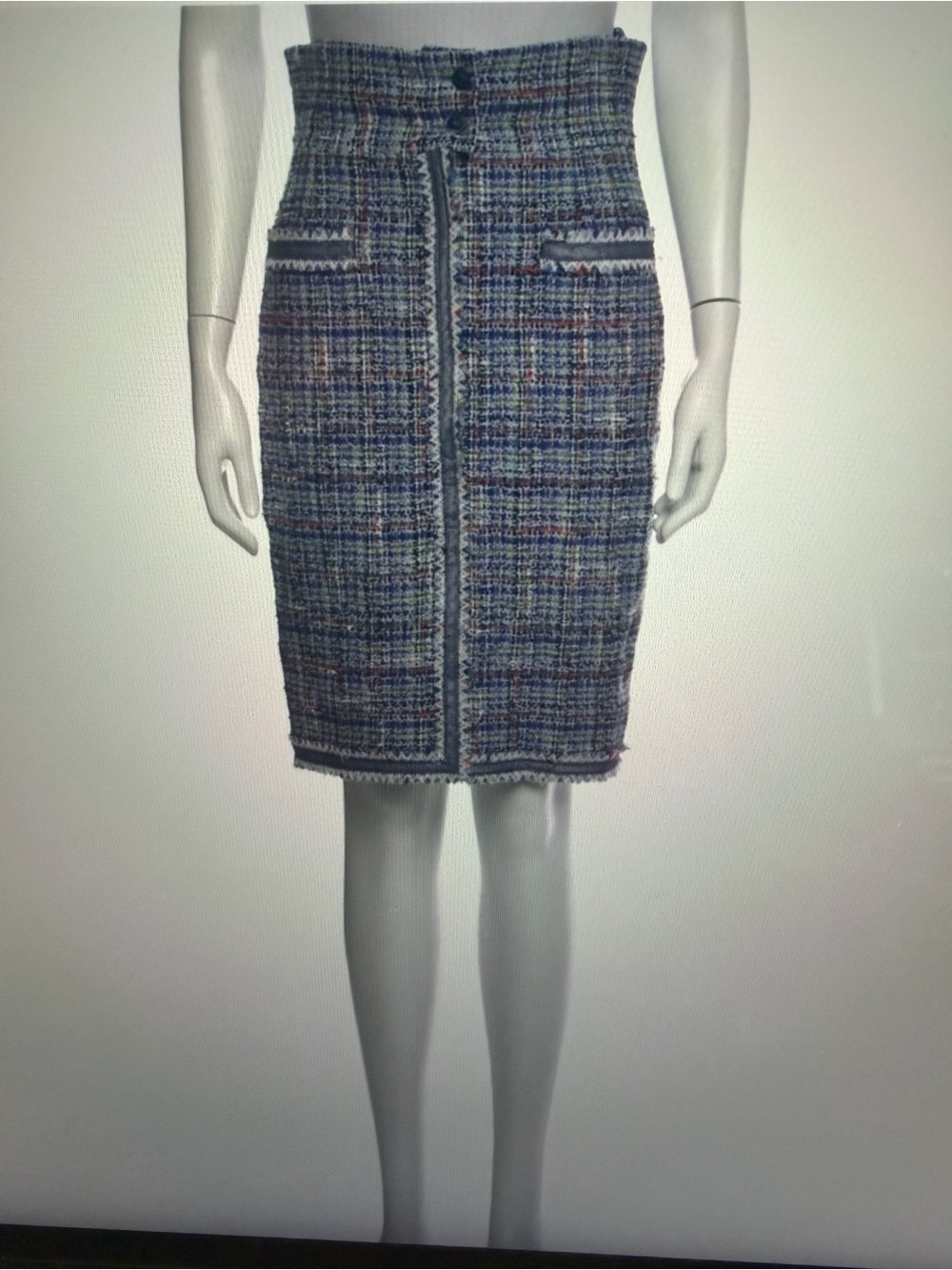 CHANEL Blue Multicolor Tweed Pencil Skirt with Fringed Trim